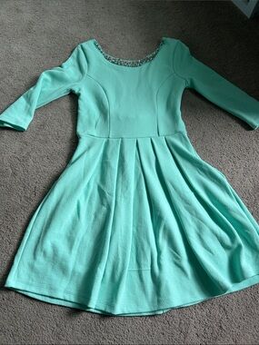 Mint Pleated Skater Dress with Embellished Neckline